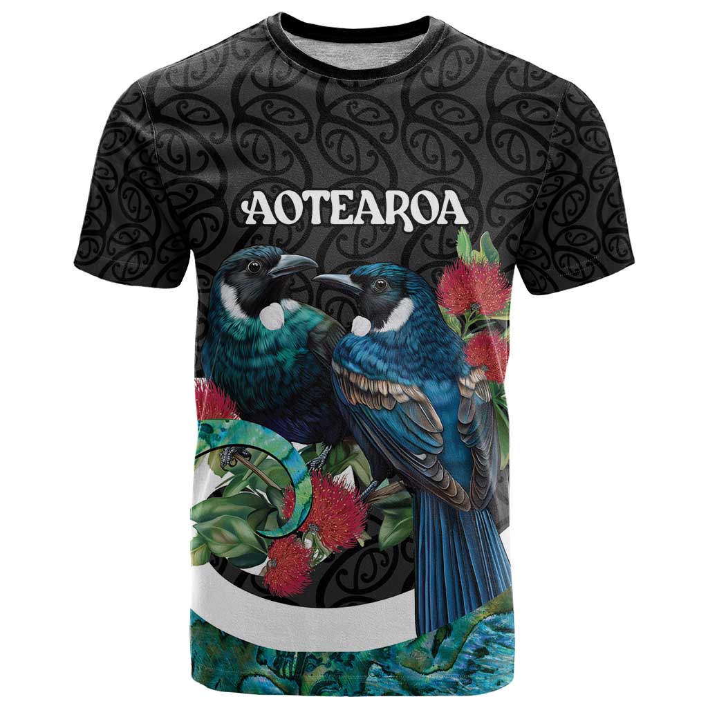 Personalised Valentine's Day New Zealand T Shirt Tui Bird Couple Kowhaiwhai Mix Pohutukawa LT14 Black - Polynesian Pride