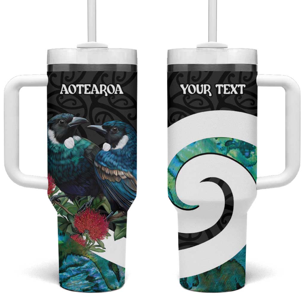 Personalised Valentine's Day New Zealand Tumbler With Handle Tui Bird Couple Kowhaiwhai Mix Pohutukawa LT14 One Size: 40 oz Black - Polynesian Pride