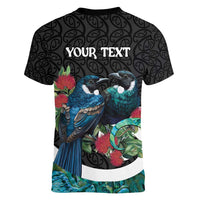 Personalised Valentine's Day New Zealand Women V-Neck T-Shirt Tui Bird Couple Kowhaiwhai Mix Pohutukawa LT14 - Polynesian Pride