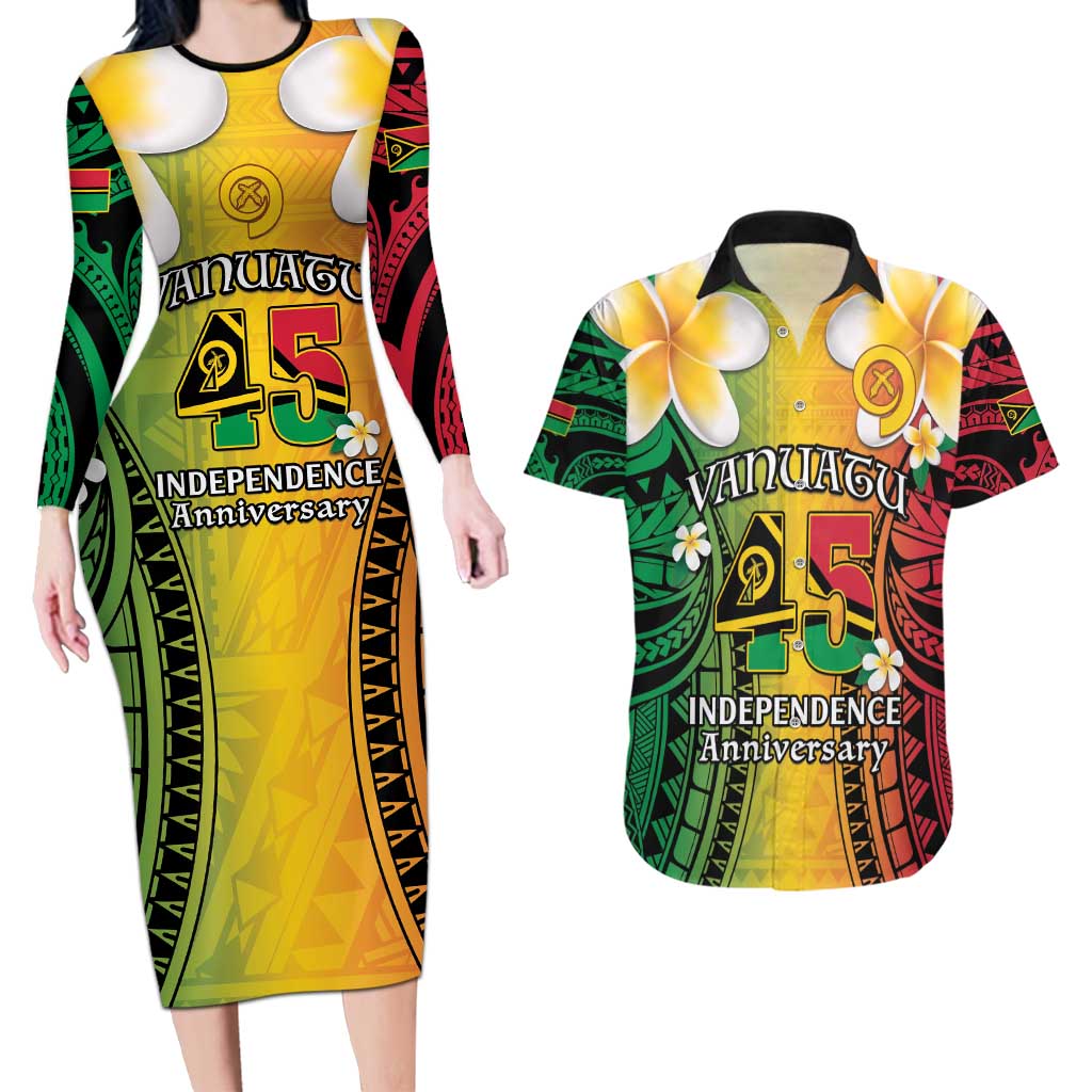 Vanuatu Independence Day Couples Matching Long Sleeve Bodycon Dress and Hawaiian Shirt Long God Yumi Stanap Happy 45th Anniversary LT14 Reggae - Polynesian Pride