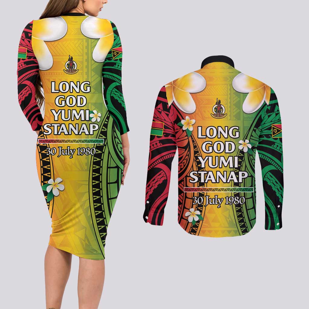Vanuatu Independence Day Couples Matching Long Sleeve Bodycon Dress and Long Sleeve Button Shirt Long God Yumi Stanap Happy 45th Anniversary LT14 - Polynesian Pride
