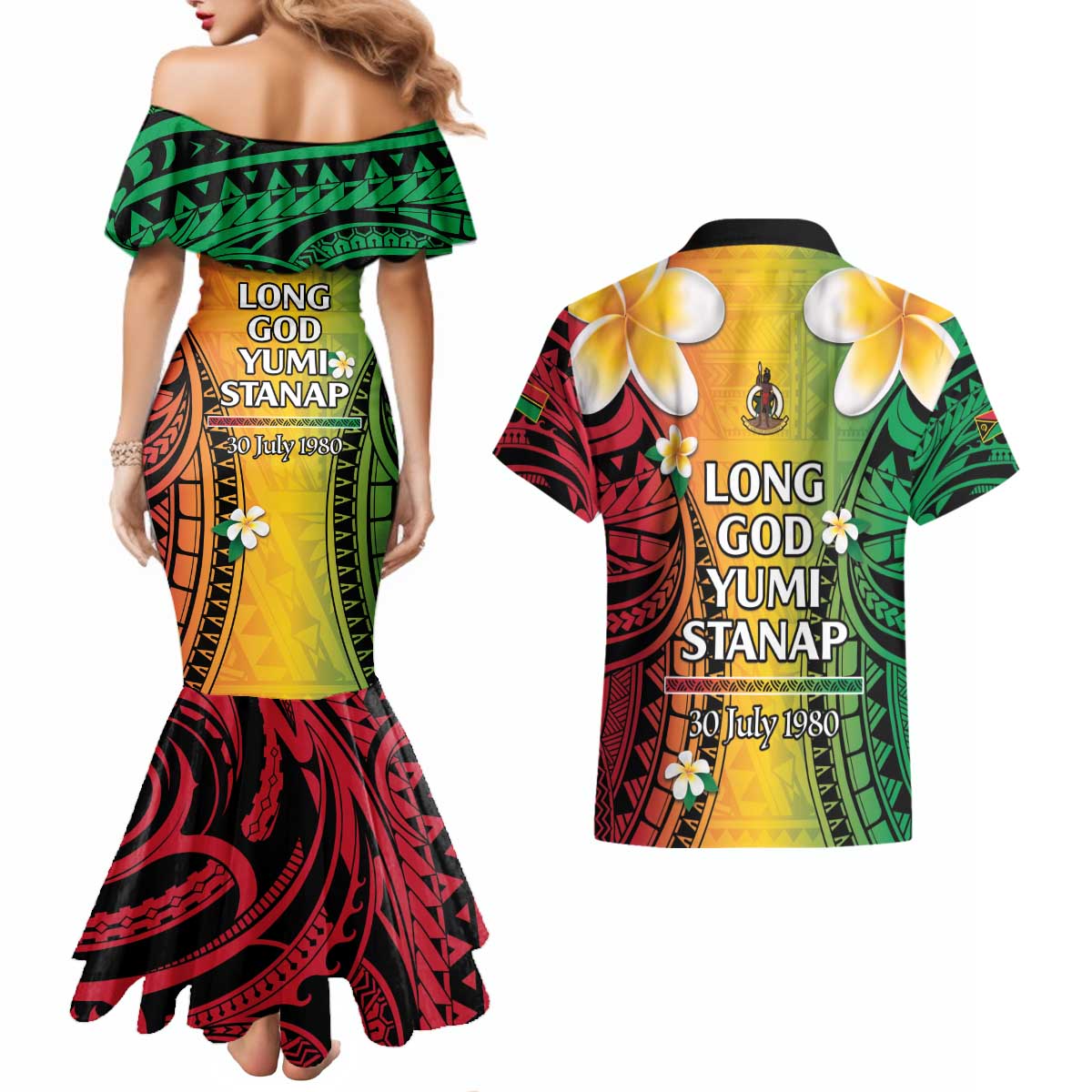 Vanuatu Independence Day Couples Matching Mermaid Dress and Hawaiian Shirt Long God Yumi Stanap Happy 45th Anniversary LT14 - Polynesian Pride