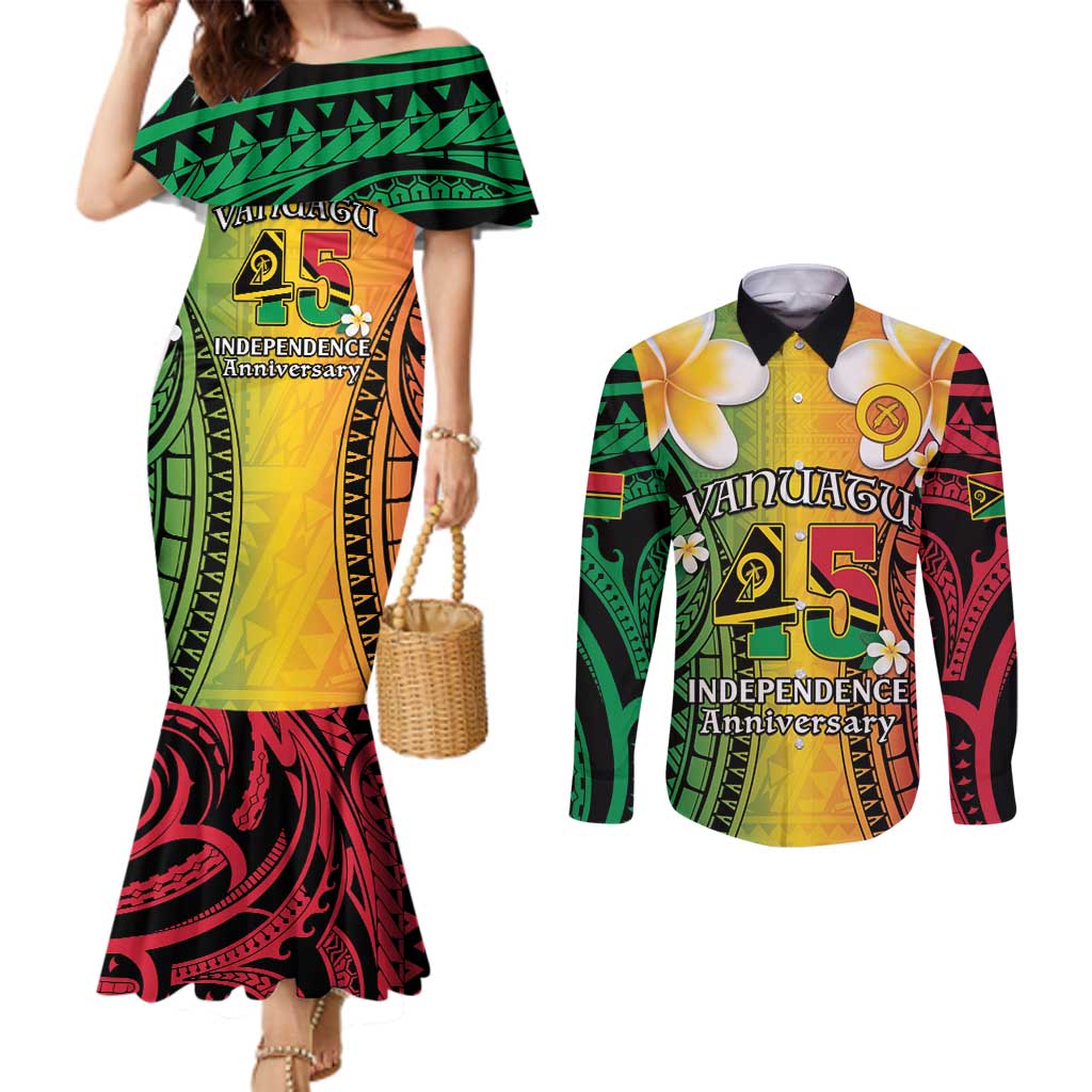 Vanuatu Independence Day Couples Matching Mermaid Dress and Long Sleeve Button Shirt Long God Yumi Stanap Happy 45th Anniversary LT14 Reggae - Polynesian Pride