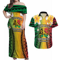 Vanuatu Independence Day Couples Matching Off Shoulder Maxi Dress and Hawaiian Shirt Long God Yumi Stanap Happy 45th Anniversary LT14 Reggae - Polynesian Pride