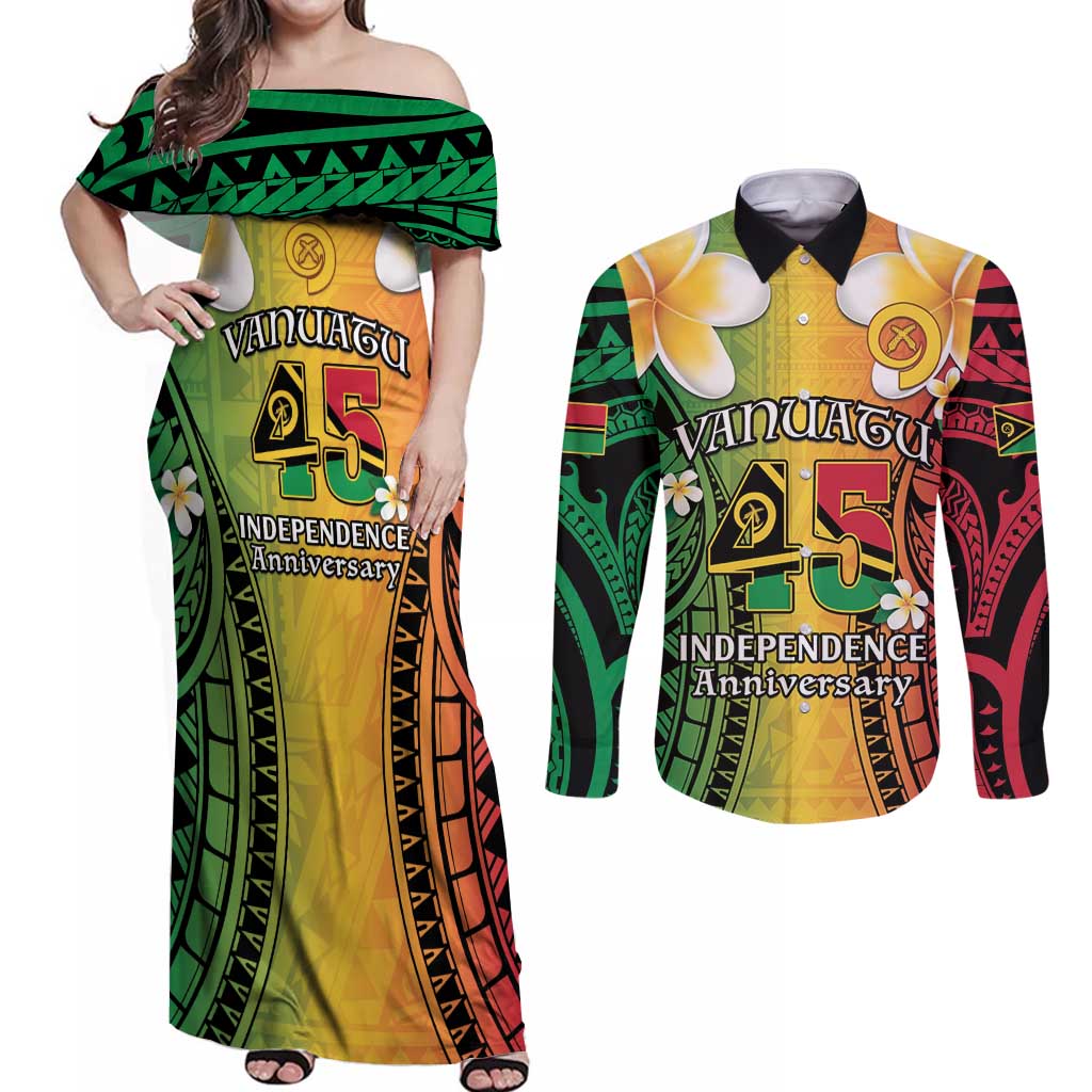 Vanuatu Independence Day Couples Matching Off Shoulder Maxi Dress and Long Sleeve Button Shirt Long God Yumi Stanap Happy 45th Anniversary LT14 Reggae - Polynesian Pride