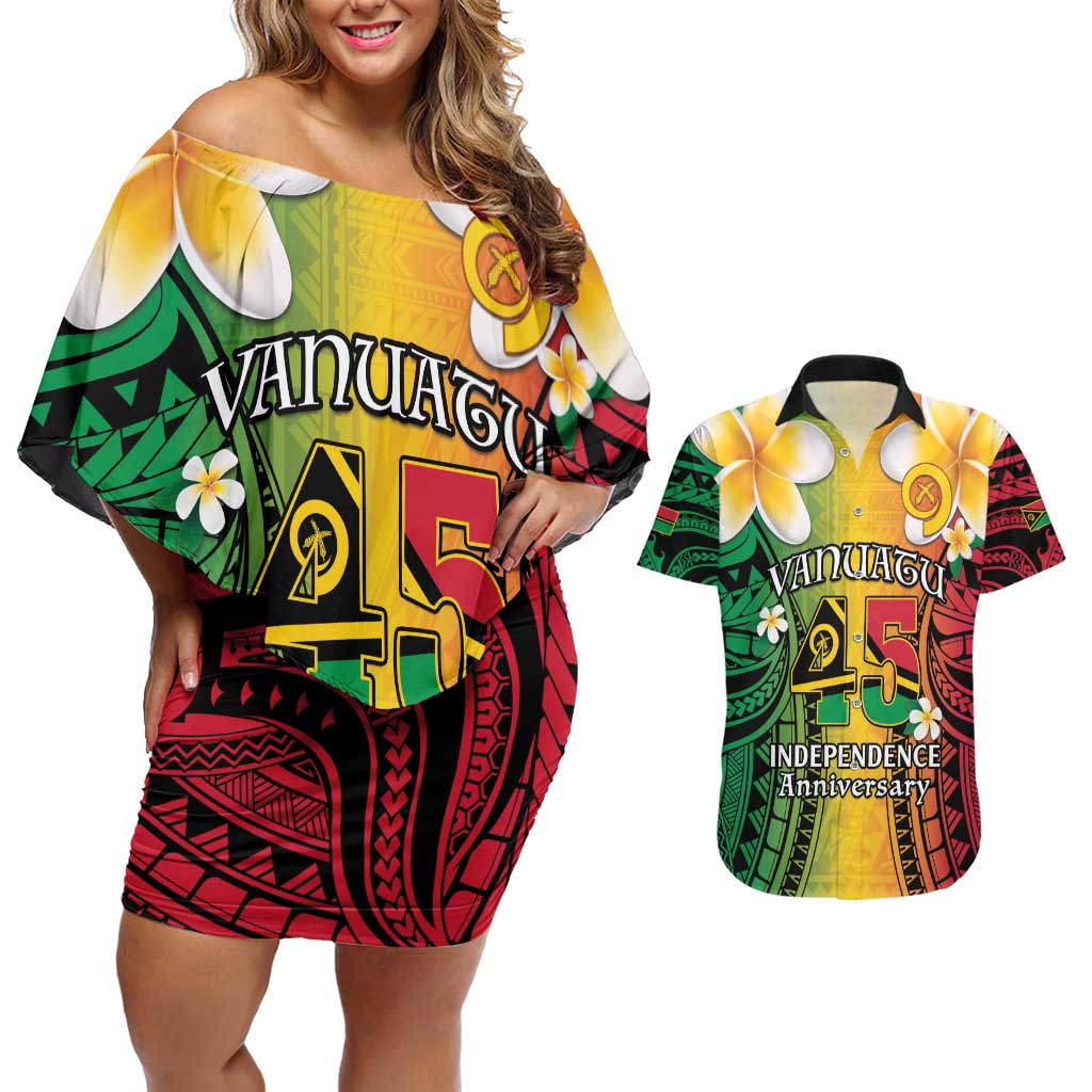 Vanuatu Independence Day Couples Matching Off Shoulder Short Dress and Hawaiian Shirt Long God Yumi Stanap Happy 45th Anniversary LT14 Reggae - Polynesian Pride
