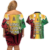 Vanuatu Independence Day Couples Matching Off Shoulder Short Dress and Hawaiian Shirt Long God Yumi Stanap Happy 45th Anniversary LT14 - Polynesian Pride