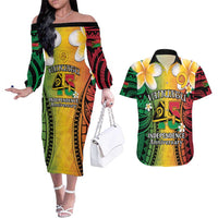 Vanuatu Independence Day Couples Matching Off The Shoulder Long Sleeve Dress and Hawaiian Shirt Long God Yumi Stanap Happy 45th Anniversary LT14 Reggae - Polynesian Pride