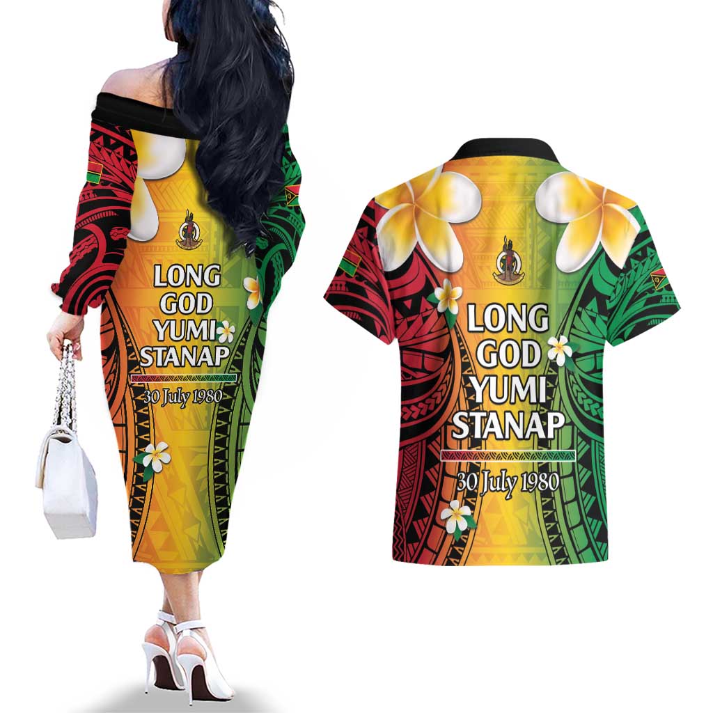 Vanuatu Independence Day Couples Matching Off The Shoulder Long Sleeve Dress and Hawaiian Shirt Long God Yumi Stanap Happy 45th Anniversary LT14 - Polynesian Pride