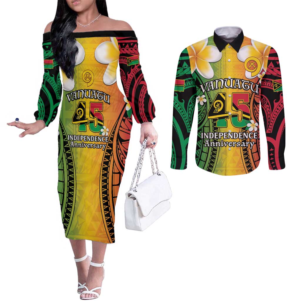 Vanuatu Independence Day Couples Matching Off The Shoulder Long Sleeve Dress and Long Sleeve Button Shirt Long God Yumi Stanap Happy 45th Anniversary LT14 Reggae - Polynesian Pride