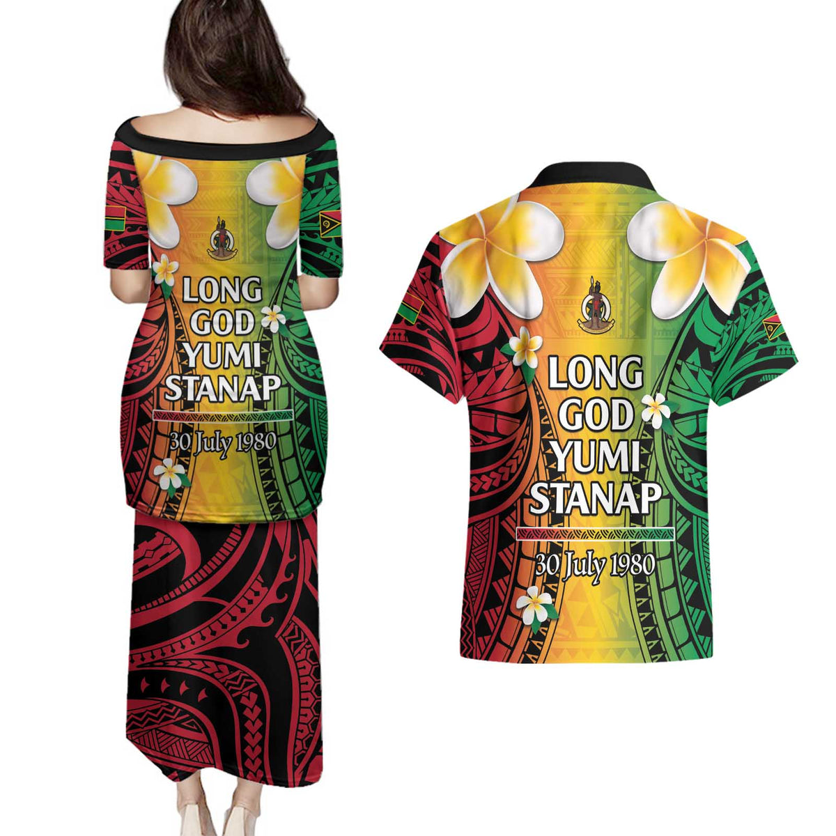 Vanuatu Independence Day Couples Matching Puletasi and Hawaiian Shirt Long God Yumi Stanap Happy 45th Anniversary LT14 - Polynesian Pride