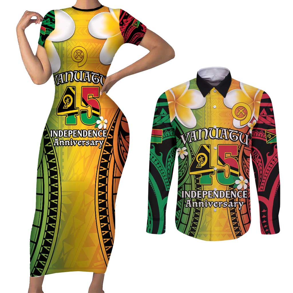 Vanuatu Independence Day Couples Matching Short Sleeve Bodycon Dress and Long Sleeve Button Shirt Long God Yumi Stanap Happy 45th Anniversary LT14 Reggae - Polynesian Pride