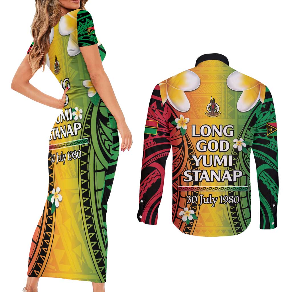 Vanuatu Independence Day Couples Matching Short Sleeve Bodycon Dress and Long Sleeve Button Shirt Long God Yumi Stanap Happy 45th Anniversary LT14 - Polynesian Pride