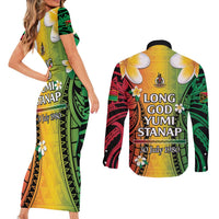 Vanuatu Independence Day Couples Matching Short Sleeve Bodycon Dress and Long Sleeve Button Shirt Long God Yumi Stanap Happy 45th Anniversary LT14 - Polynesian Pride