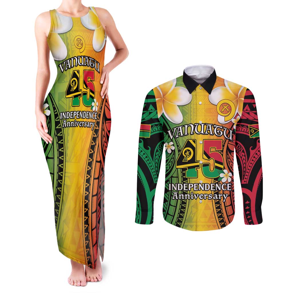 Vanuatu Independence Day Couples Matching Tank Maxi Dress and Long Sleeve Button Shirt Long God Yumi Stanap Happy 45th Anniversary LT14 Reggae - Polynesian Pride