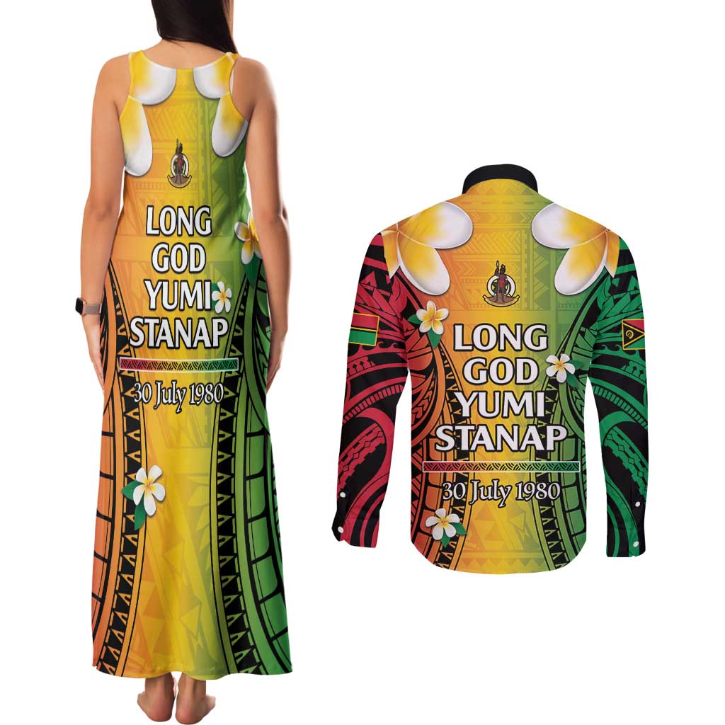 Vanuatu Independence Day Couples Matching Tank Maxi Dress and Long Sleeve Button Shirt Long God Yumi Stanap Happy 45th Anniversary LT14 - Polynesian Pride