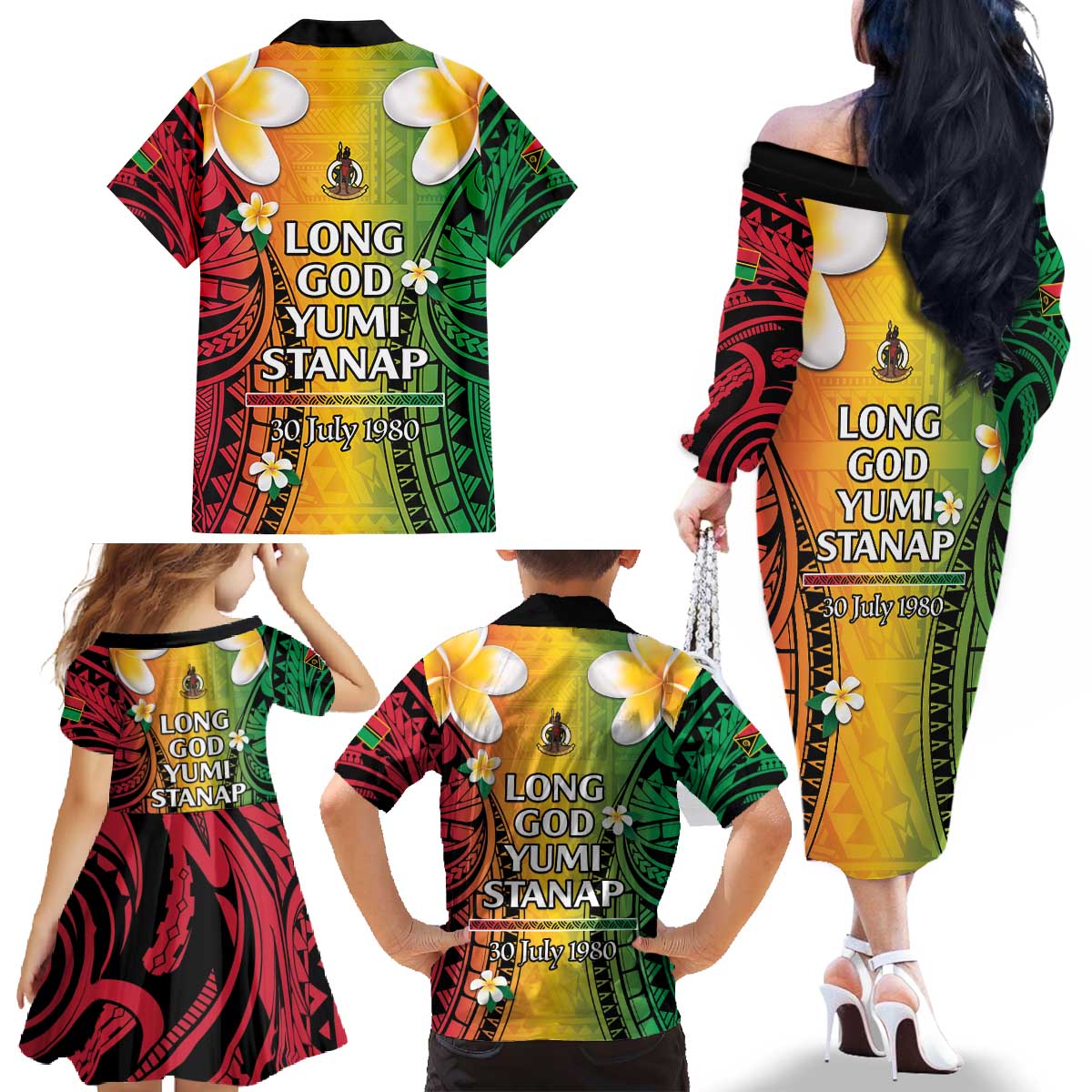 Vanuatu Independence Day Family Matching Off The Shoulder Long Sleeve Dress and Hawaiian Shirt Long God Yumi Stanap Happy 45th Anniversary LT14 - Polynesian Pride