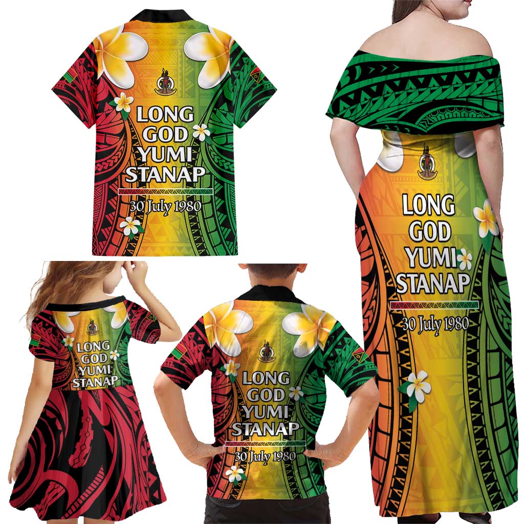 Vanuatu Independence Day Family Matching Off Shoulder Maxi Dress and Hawaiian Shirt Long God Yumi Stanap Happy 45th Anniversary LT14 - Polynesian Pride