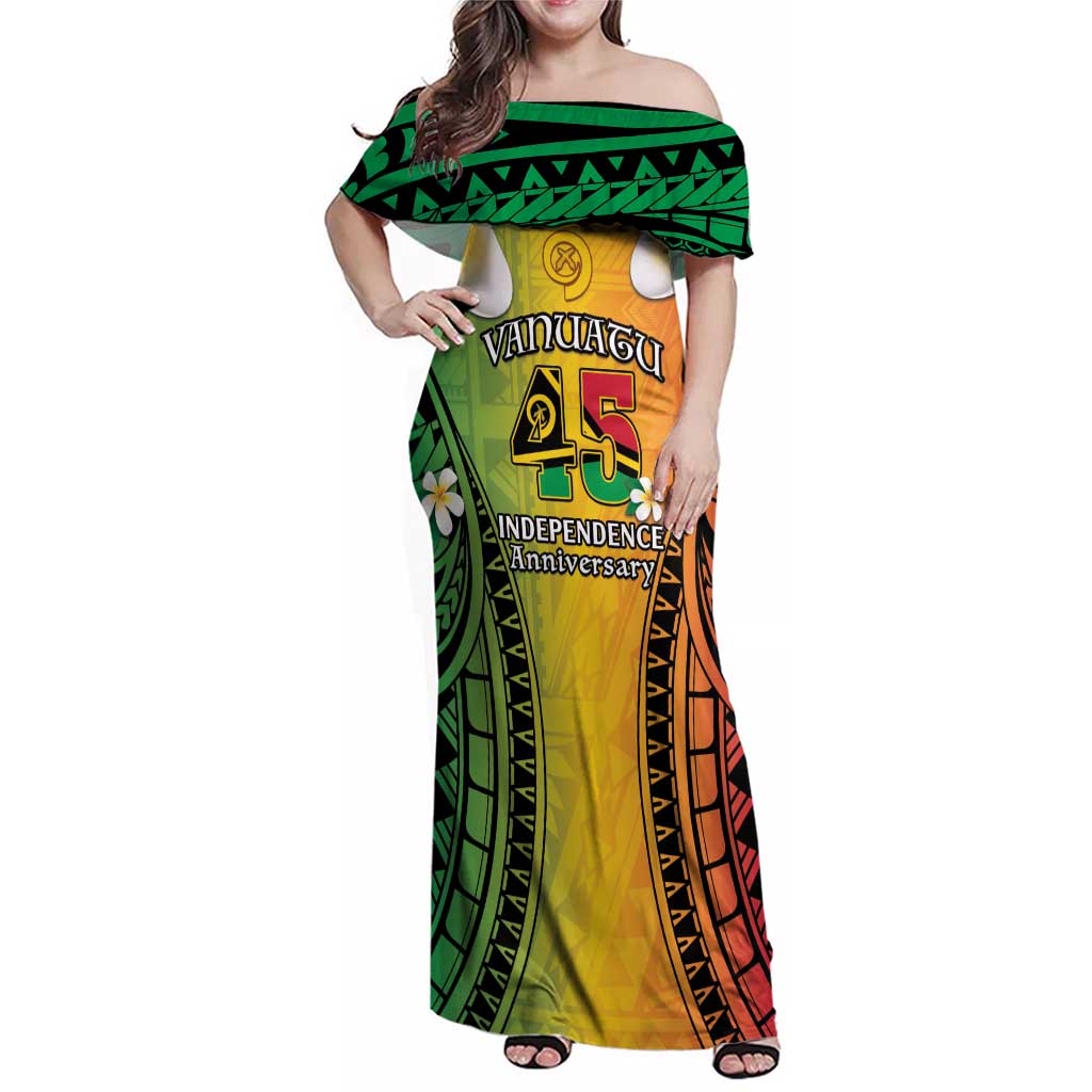 Vanuatu Independence Day Family Matching Off Shoulder Maxi Dress and Hawaiian Shirt Long God Yumi Stanap Happy 45th Anniversary LT14 Mom's Dress Reggae - Polynesian Pride