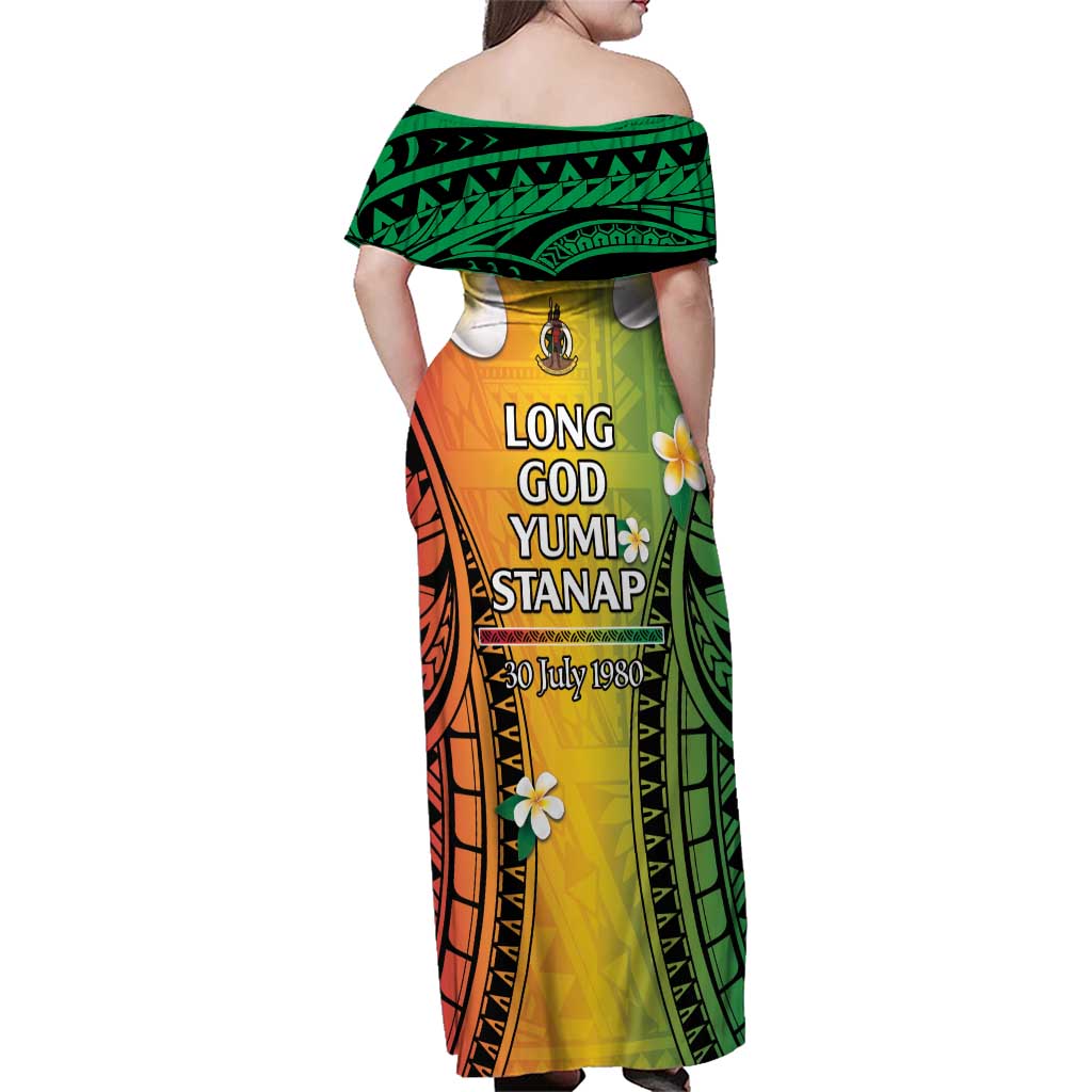 Vanuatu Independence Day Family Matching Off Shoulder Maxi Dress and Hawaiian Shirt Long God Yumi Stanap Happy 45th Anniversary LT14 - Polynesian Pride