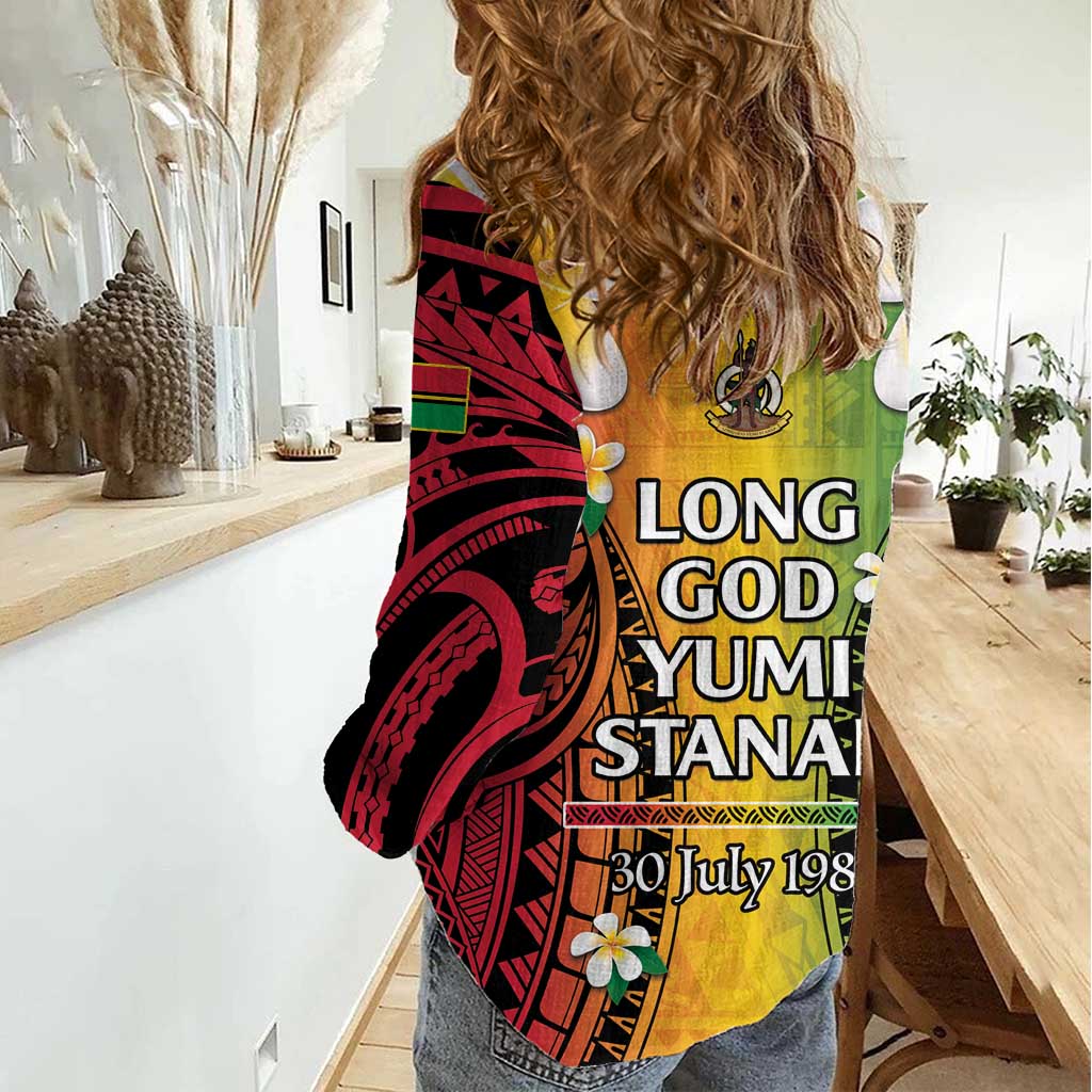 Vanuatu Independence Day Women Casual Shirt Long God Yumi Stanap Happy 45th Anniversary LT14 - Polynesian Pride