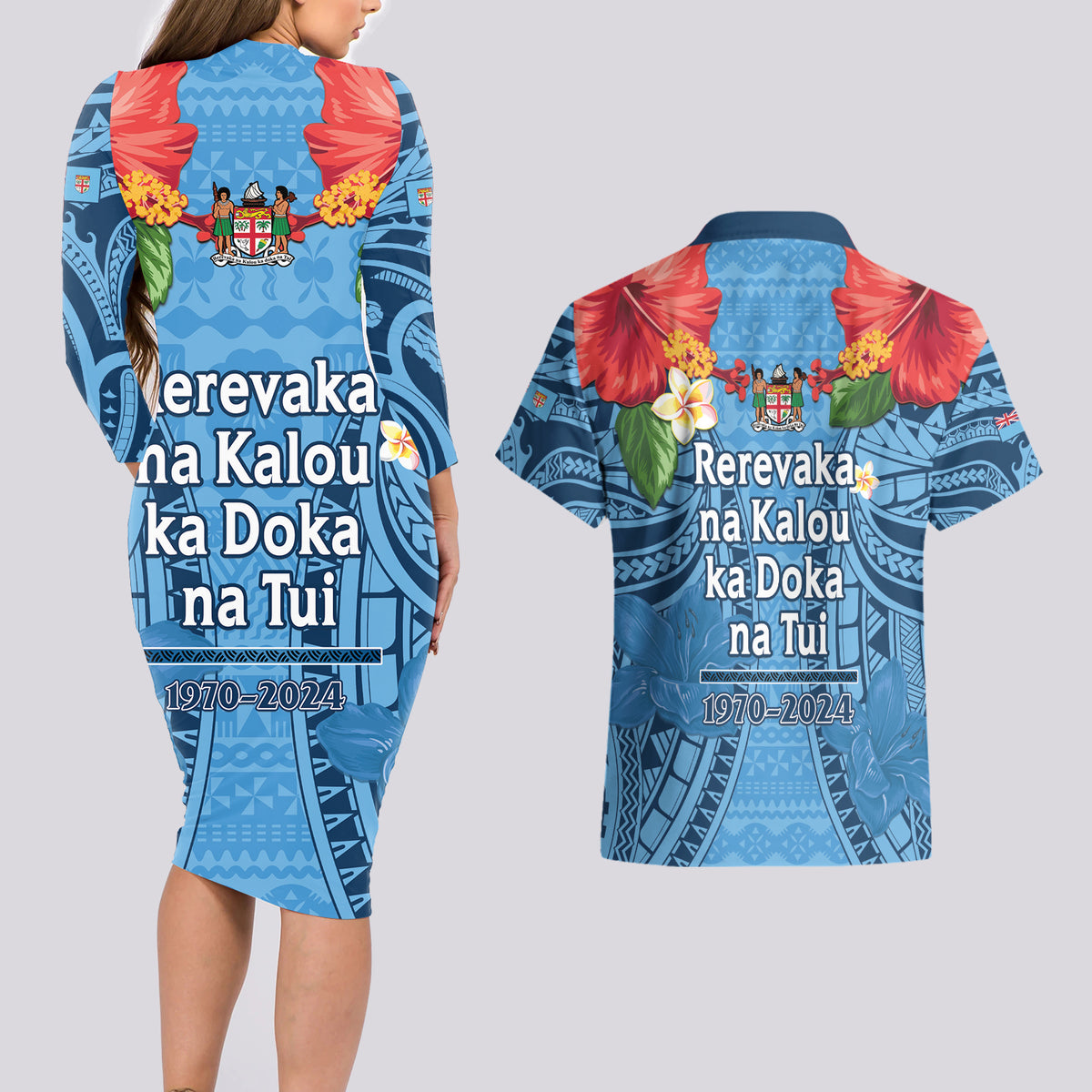 Fiji Day Couples Matching Long Sleeve Bodycon Dress and Hawaiian Shirt Happy 54 Years Of Independence Tapa Pattern Blue LT14 - Polynesian Pride