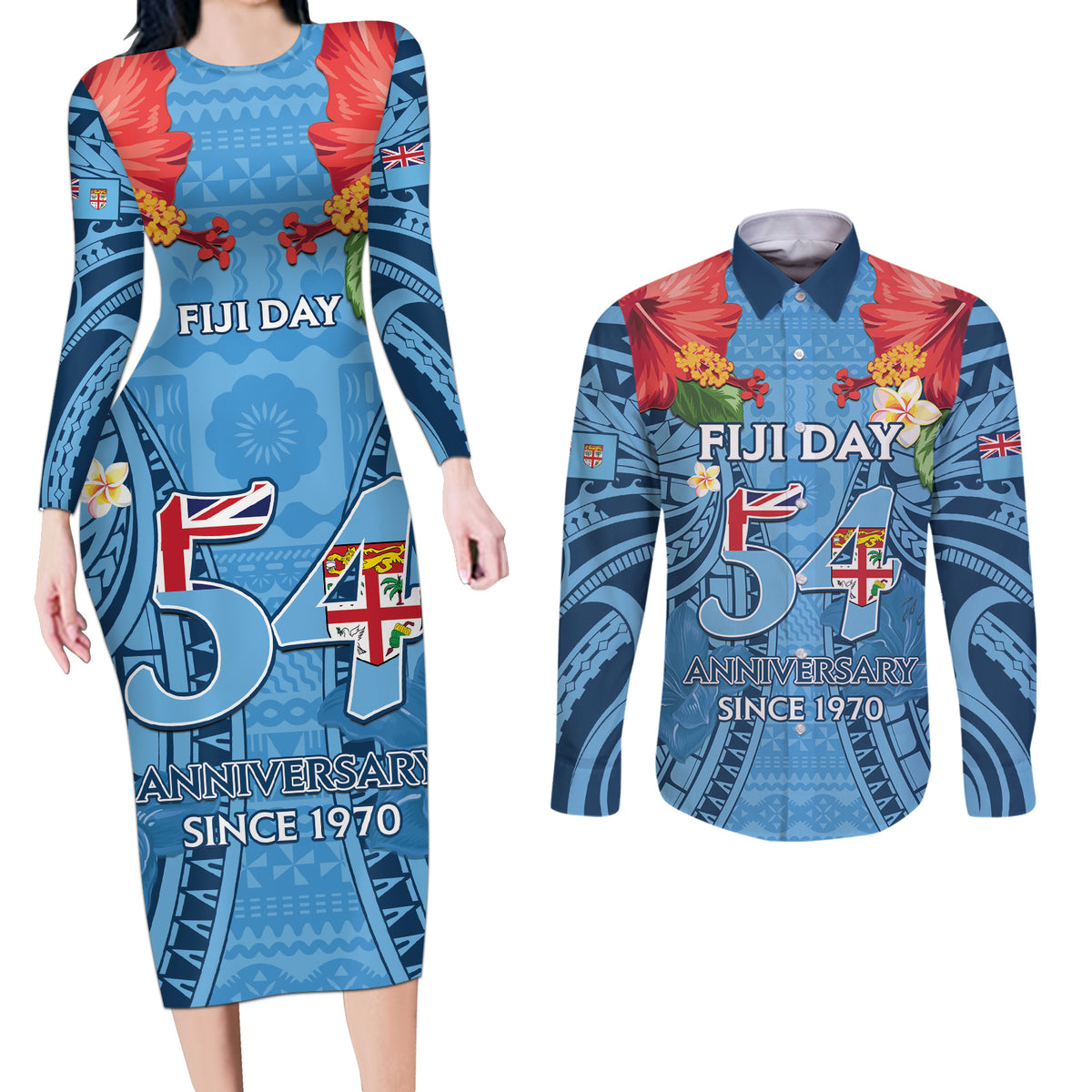 Fiji Day Couples Matching Long Sleeve Bodycon Dress and Long Sleeve Button Shirt Happy 54 Years Of Independence Tapa Pattern Blue LT14 Blue - Polynesian Pride