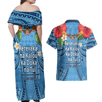Fiji Day Couples Matching Off Shoulder Maxi Dress and Hawaiian Shirt Happy 54 Years Of Independence Tapa Pattern Blue LT14 - Polynesian Pride