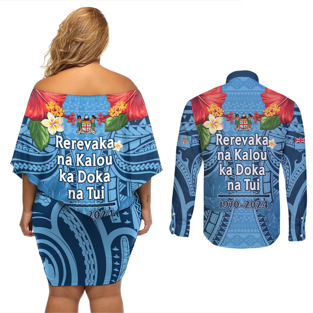 Fiji Day Couples Matching Off Shoulder Short Dress and Long Sleeve Button Shirt Happy 54 Years Of Independence Tapa Pattern Blue LT14 - Polynesian Pride