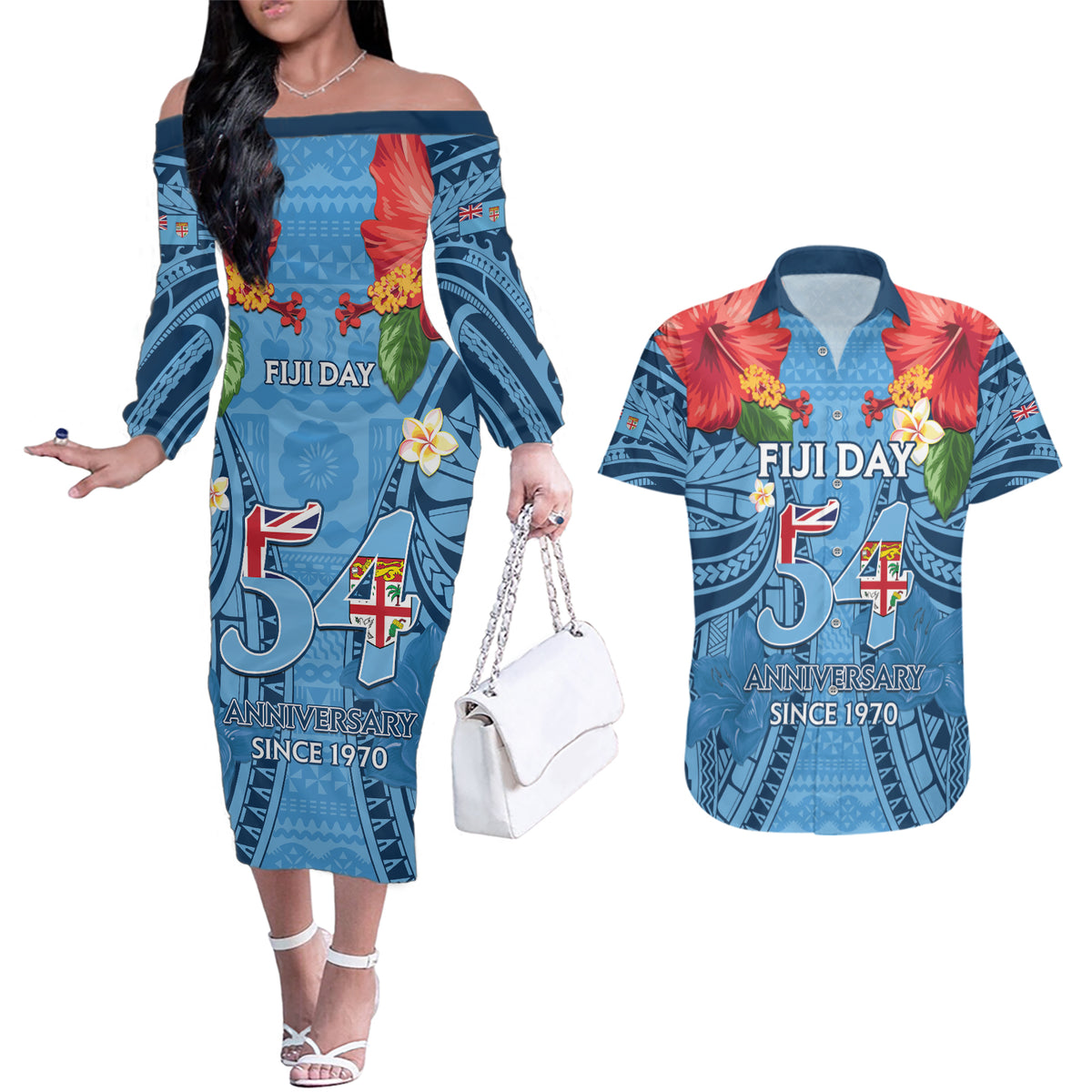 Fiji Day Couples Matching Off The Shoulder Long Sleeve Dress and Hawaiian Shirt Happy 54 Years Of Independence Tapa Pattern Blue LT14 Blue - Polynesian Pride