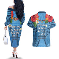 Fiji Day Couples Matching Off The Shoulder Long Sleeve Dress and Hawaiian Shirt Happy 54 Years Of Independence Tapa Pattern Blue LT14 - Polynesian Pride
