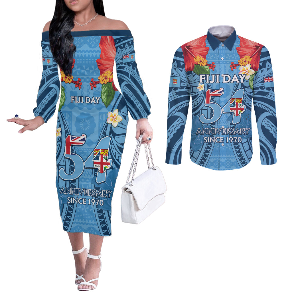 Fiji Day Couples Matching Off The Shoulder Long Sleeve Dress and Long Sleeve Button Shirt Happy 54 Years Of Independence Tapa Pattern Blue LT14 Blue - Polynesian Pride