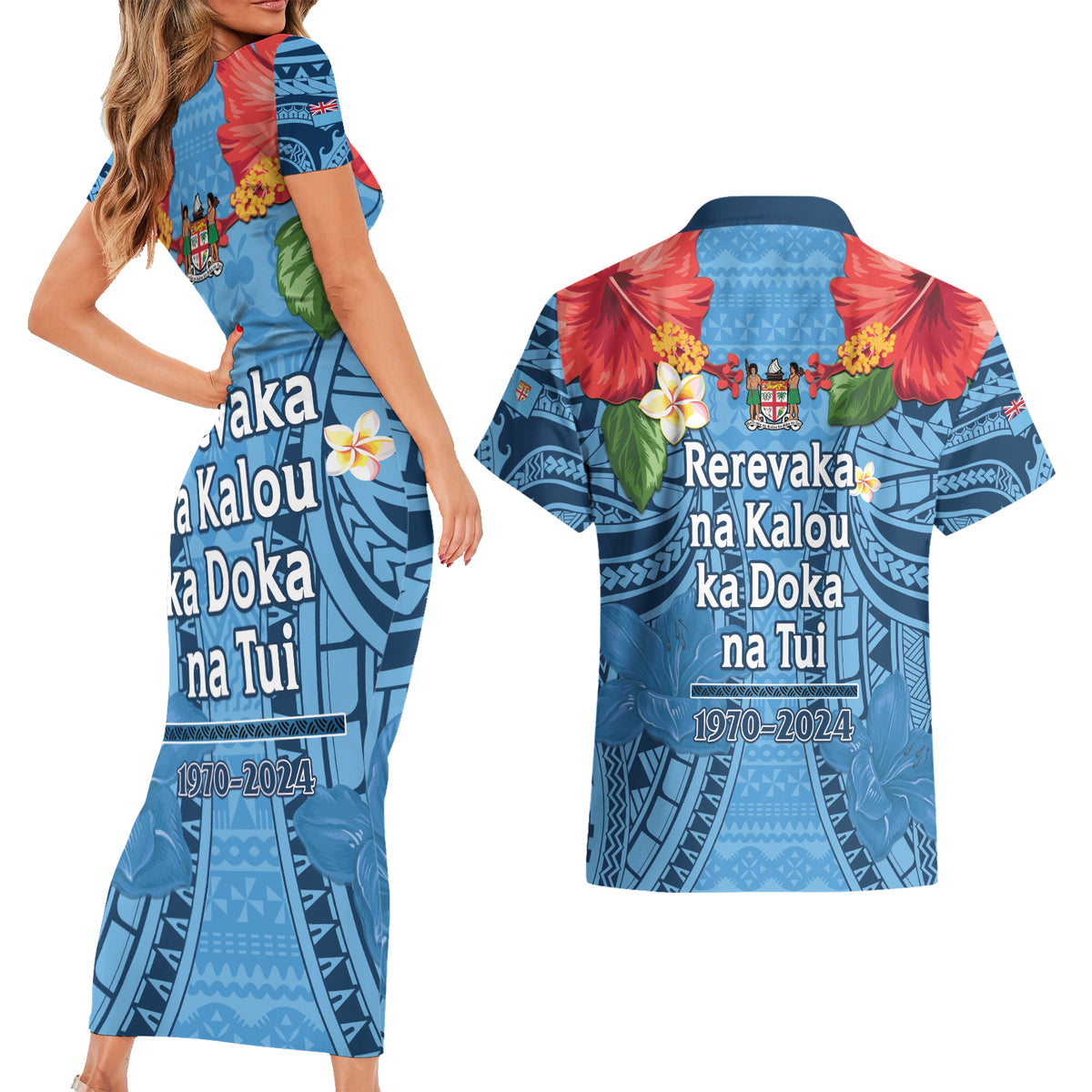 Fiji Day Couples Matching Short Sleeve Bodycon Dress and Hawaiian Shirt Happy 54 Years Of Independence Tapa Pattern Blue LT14 - Polynesian Pride