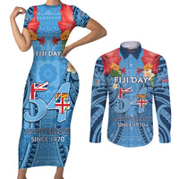 Fiji Day Couples Matching Short Sleeve Bodycon Dress and Long Sleeve Button Shirt Happy 54 Years Of Independence Tapa Pattern Blue LT14 Blue - Polynesian Pride
