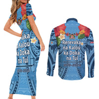 Fiji Day Couples Matching Short Sleeve Bodycon Dress and Long Sleeve Button Shirt Happy 54 Years Of Independence Tapa Pattern Blue LT14 - Polynesian Pride
