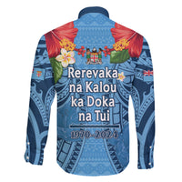 Fiji Day Family Matching Long Sleeve Bodycon Dress and Hawaiian Shirt Happy 54 Years Of Independence Tapa Pattern Blue LT14 - Polynesian Pride