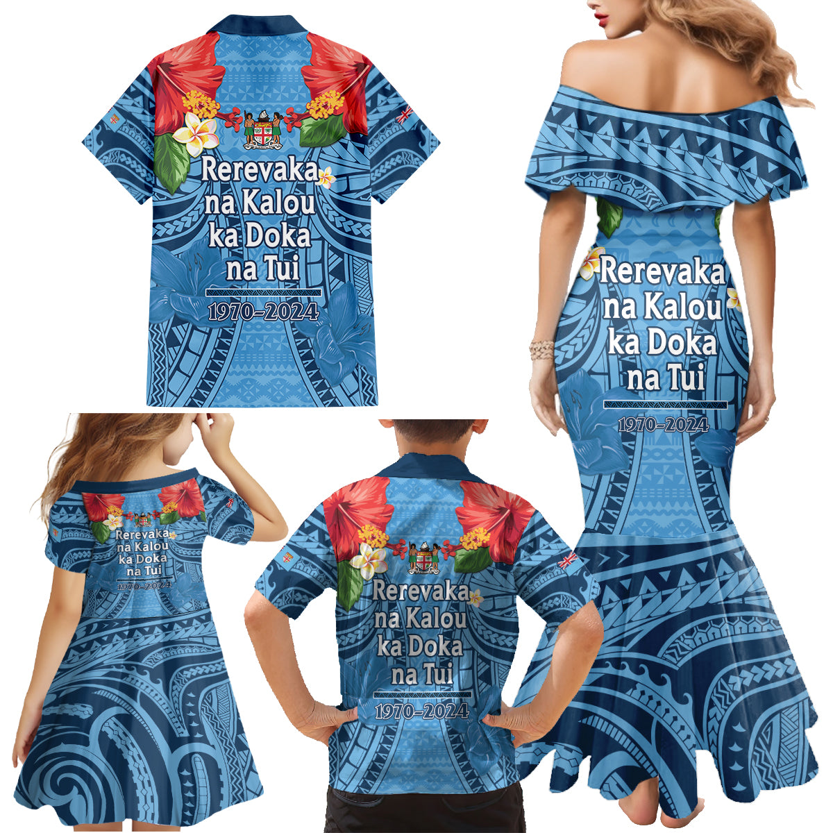Fiji Day Family Matching Mermaid Dress and Hawaiian Shirt Happy 54 Years Of Independence Tapa Pattern Blue LT14 - Polynesian Pride