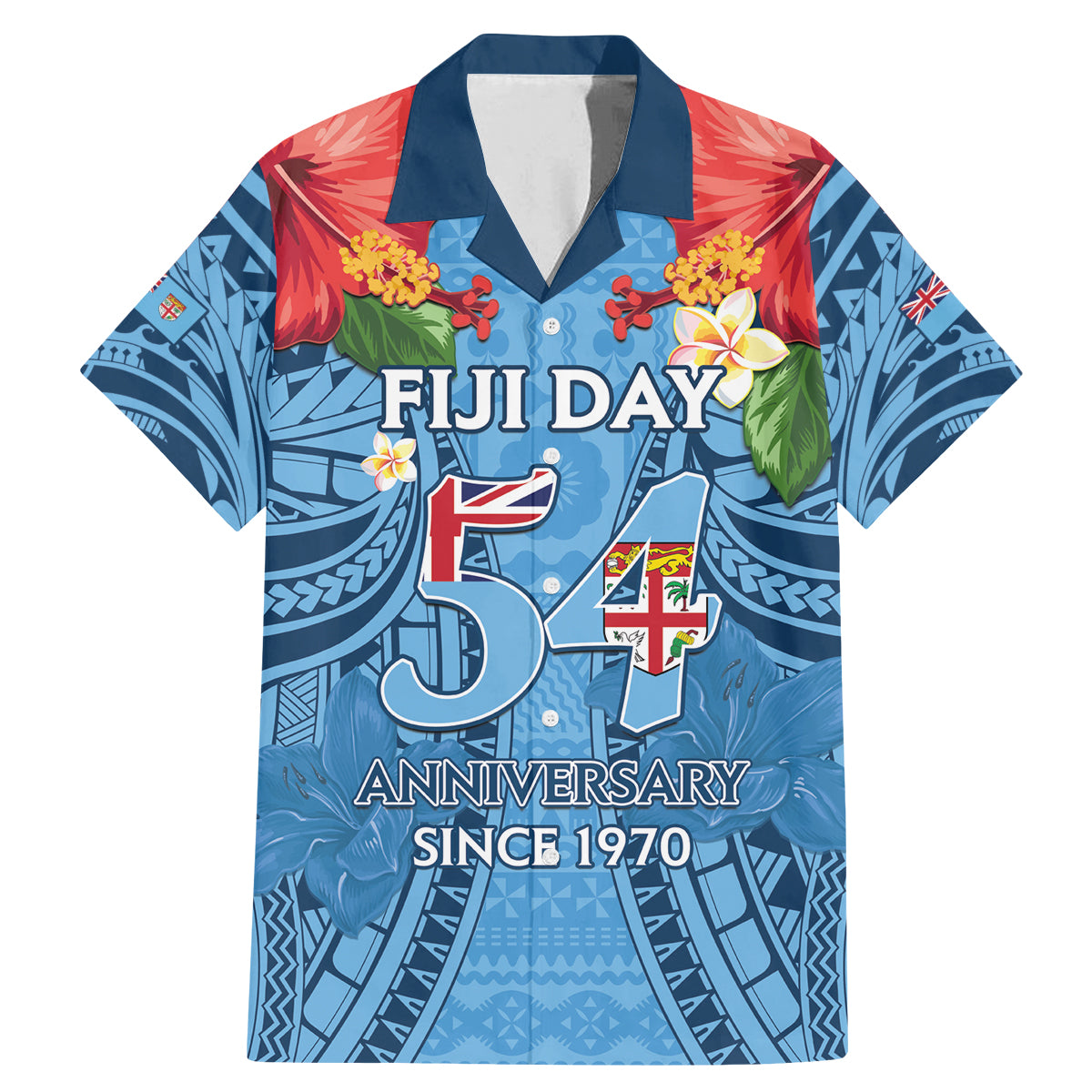 Fiji Day Family Matching Mermaid Dress and Hawaiian Shirt Happy 54 Years Of Independence Tapa Pattern Blue LT14 Dad's Shirt - Short Sleeve Blue - Polynesian Pride