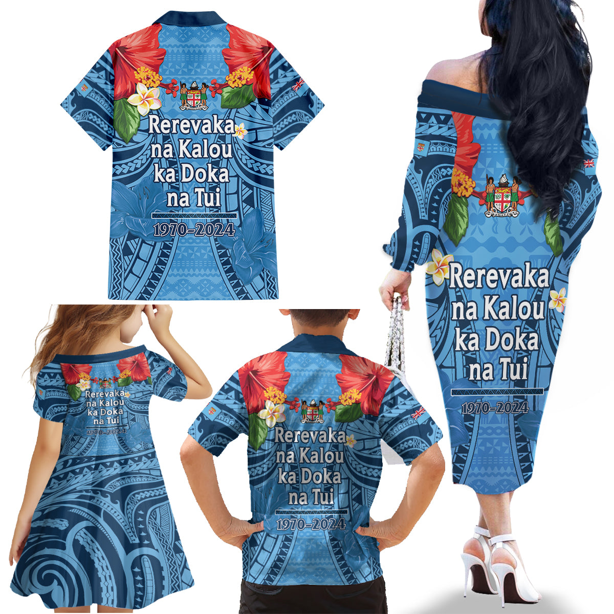 Fiji Day Family Matching Off The Shoulder Long Sleeve Dress and Hawaiian Shirt Happy 54 Years Of Independence Tapa Pattern Blue LT14 - Polynesian Pride