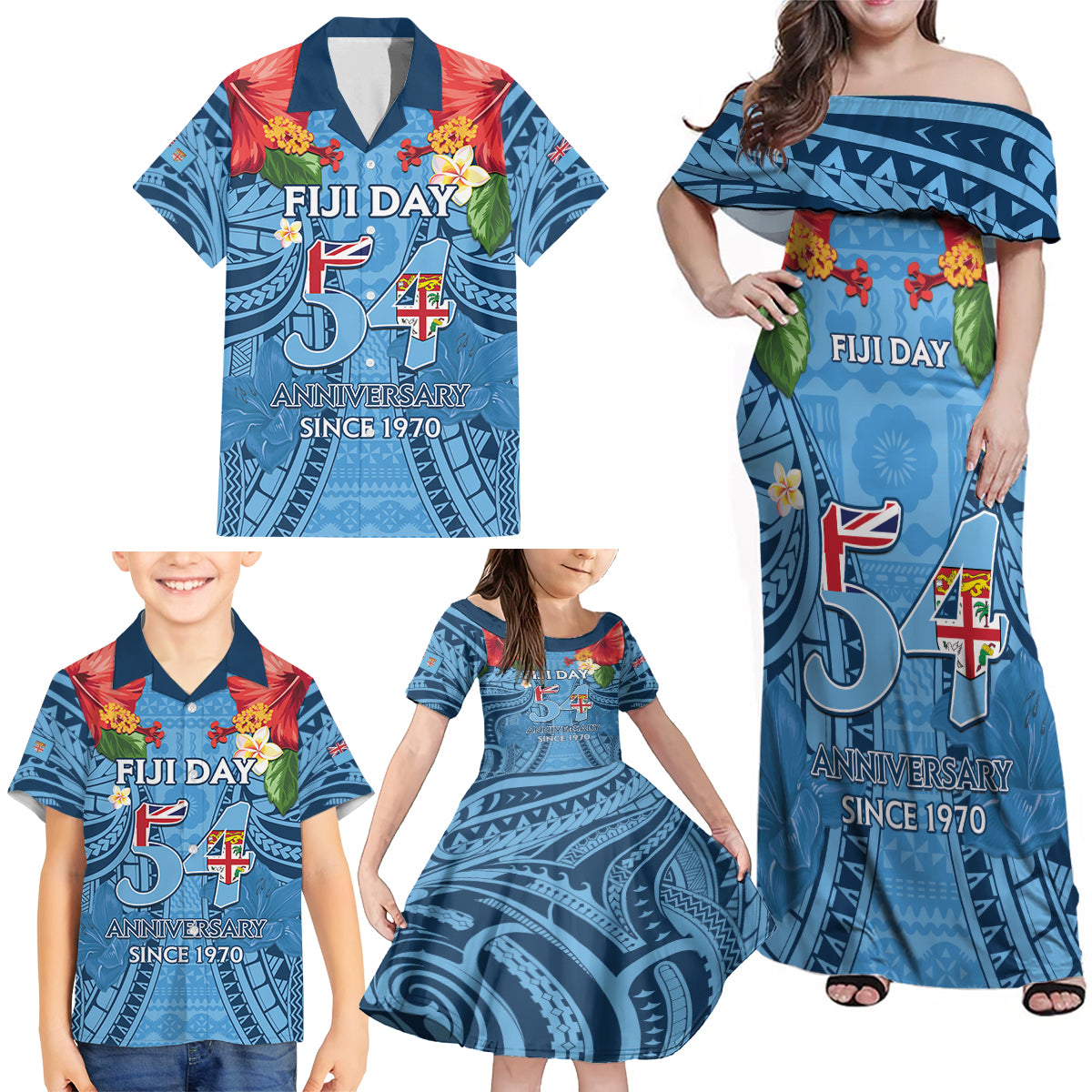 Fiji Day Family Matching Off Shoulder Maxi Dress and Hawaiian Shirt Happy 54 Years Of Independence Tapa Pattern Blue LT14 - Polynesian Pride