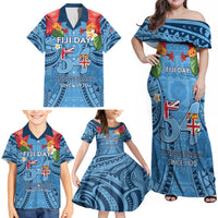 Fiji Day Family Matching Off Shoulder Maxi Dress and Hawaiian Shirt Happy 54 Years Of Independence Tapa Pattern Blue LT14 - Polynesian Pride