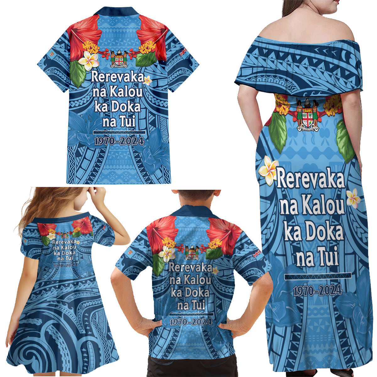 Fiji Day Family Matching Off Shoulder Maxi Dress and Hawaiian Shirt Happy 54 Years Of Independence Tapa Pattern Blue LT14 - Polynesian Pride