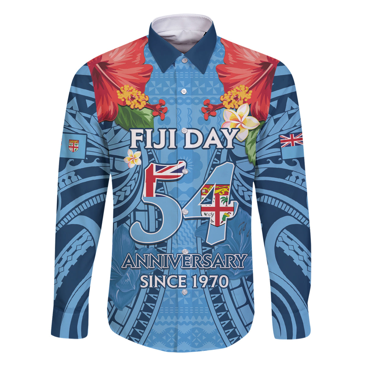 Fiji Day Family Matching Off Shoulder Maxi Dress and Hawaiian Shirt Happy 54 Years Of Independence Tapa Pattern Blue LT14 Dad's Shirt - Long Sleeve Blue - Polynesian Pride