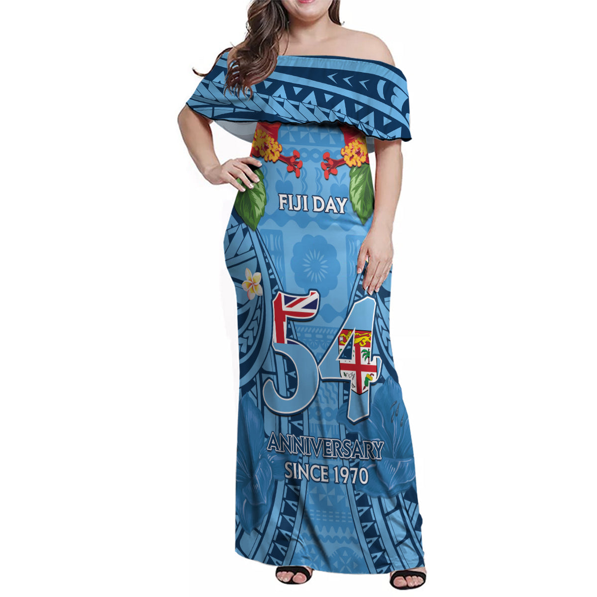 Fiji Day Family Matching Off Shoulder Maxi Dress and Hawaiian Shirt Happy 54 Years Of Independence Tapa Pattern Blue LT14 Mom's Dress Blue - Polynesian Pride