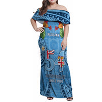 Fiji Day Family Matching Off Shoulder Maxi Dress and Hawaiian Shirt Happy 54 Years Of Independence Tapa Pattern Blue LT14 Mom's Dress Blue - Polynesian Pride