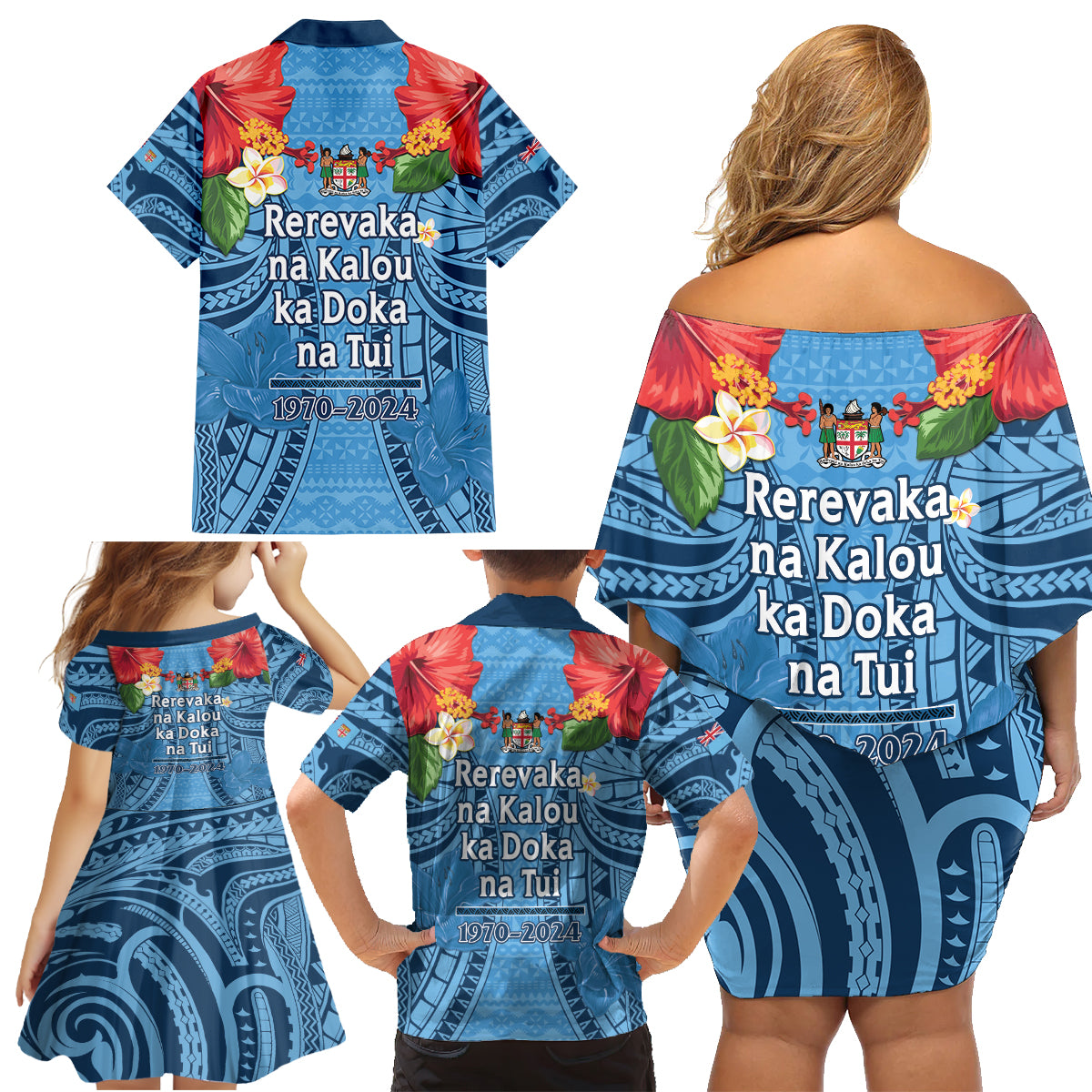 Fiji Day Family Matching Off Shoulder Short Dress and Hawaiian Shirt Happy 54 Years Of Independence Tapa Pattern Blue LT14 - Polynesian Pride
