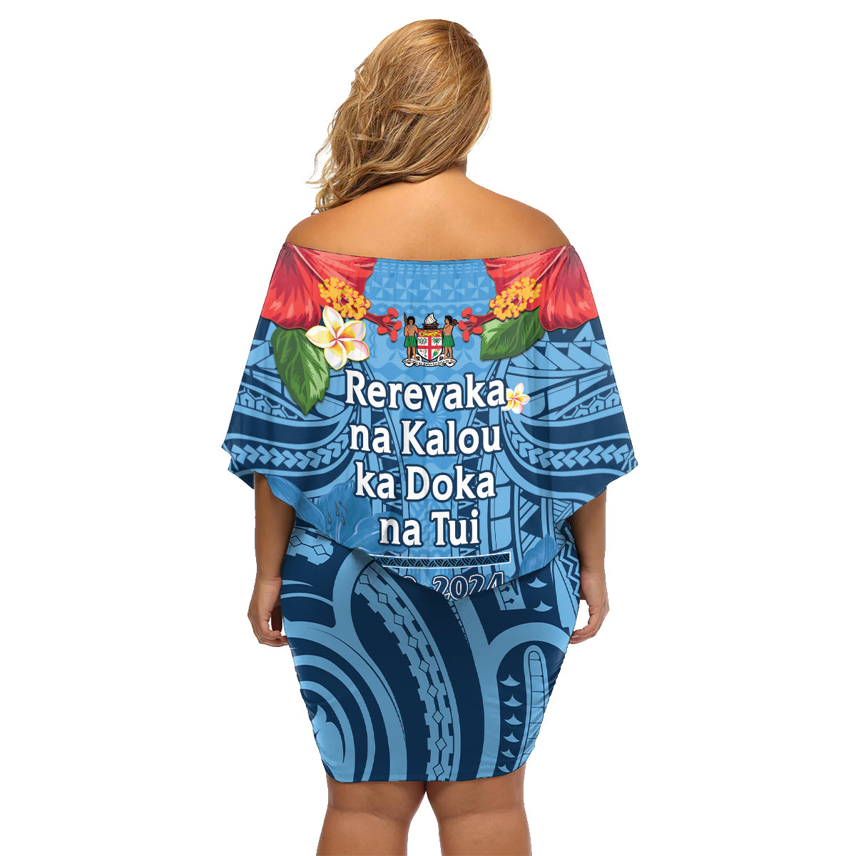 Fiji Day Family Matching Off Shoulder Short Dress and Hawaiian Shirt Happy 54 Years Of Independence Tapa Pattern Blue LT14 - Polynesian Pride