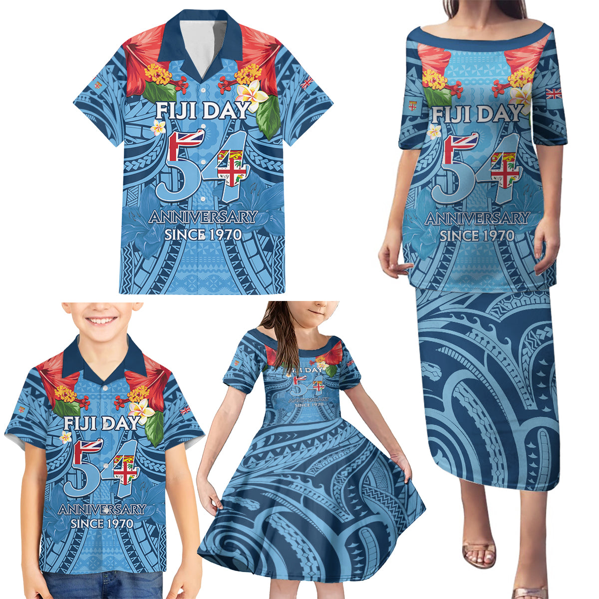Fiji Day Family Matching Puletasi and Hawaiian Shirt Happy 54 Years Of Independence Tapa Pattern Blue LT14 - Polynesian Pride