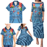 Fiji Day Family Matching Puletasi and Hawaiian Shirt Happy 54 Years Of Independence Tapa Pattern Blue LT14 - Polynesian Pride