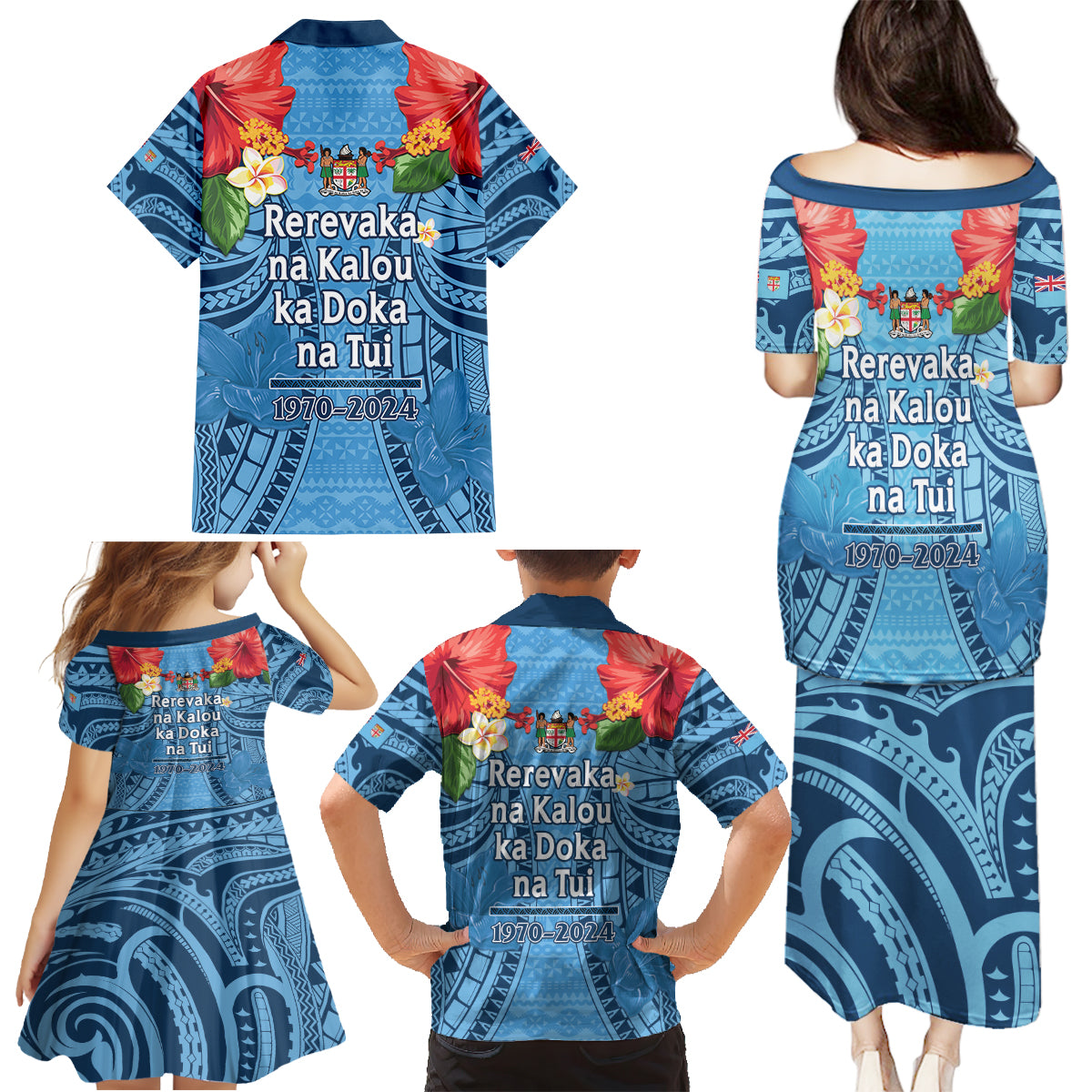 Fiji Day Family Matching Puletasi and Hawaiian Shirt Happy 54 Years Of Independence Tapa Pattern Blue LT14 - Polynesian Pride
